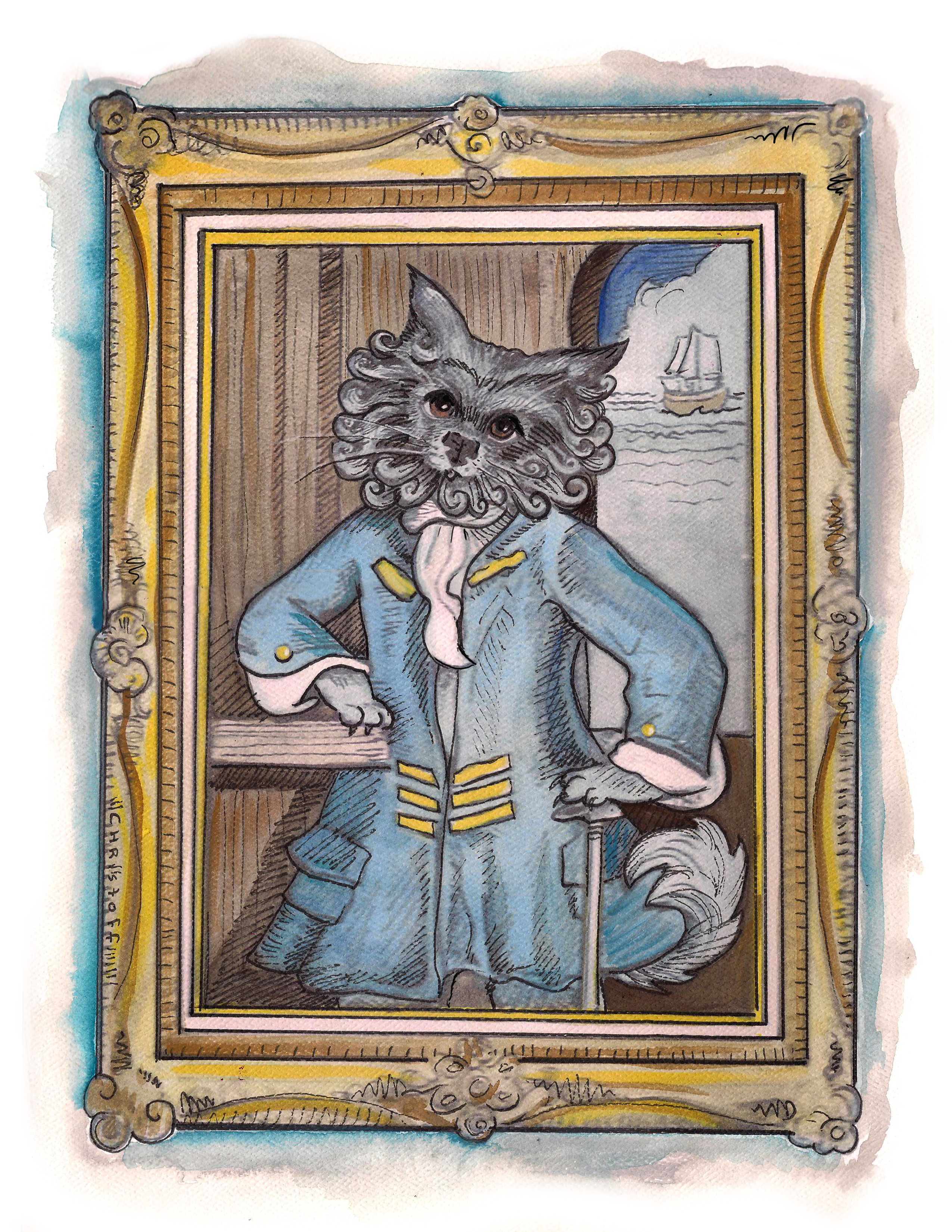 Professional. formal, 18thC-styled portrait of Herr Ichabod, as characterized in Jennifer Susannah Devore's Savannah of Williamsburg novels. Artwork by Emily Christoff; media: ink, pencil and pastels. Copyright: JSDevore